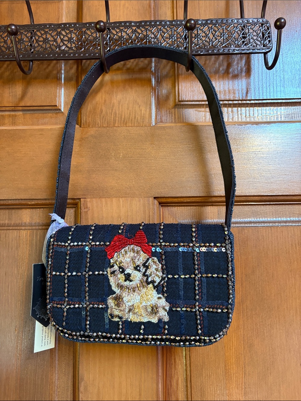 Made In India Embroidered Puppy Sequin Shoulder Bag in Black
